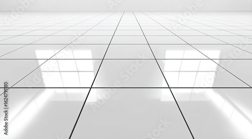 Perspective view of a white tiled floor with reflected windows