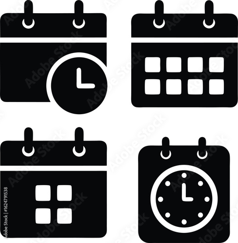 Four vector glyph icons of calendars and clocks for time management and schedule planning.