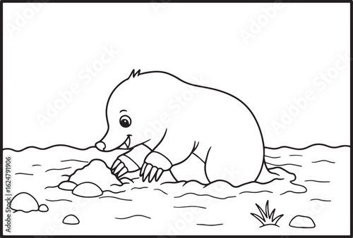 Cartoon illustration of a mole digging in the dirt for children
