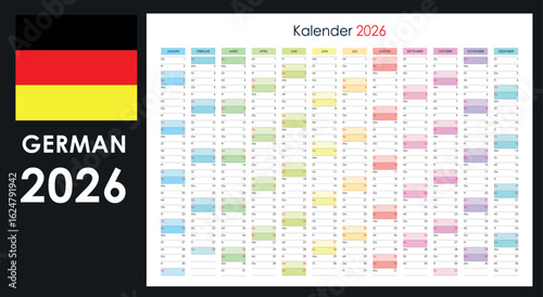 German Calendar 2026, a colorful yearly wall planner template.