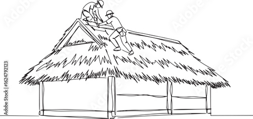 Line Art Depiction of Craftsmen Repairing a Thatched Roof Struct