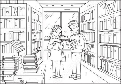 Charming illustration of a young couple perusing books in a cozy