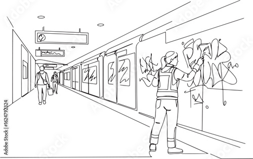 Continuous line drawing of subway worker removing graffiti from