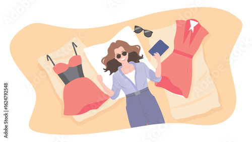 A woman lies on a blanket with dresses sunglasses and a passport ready for a vacation or getaway trip