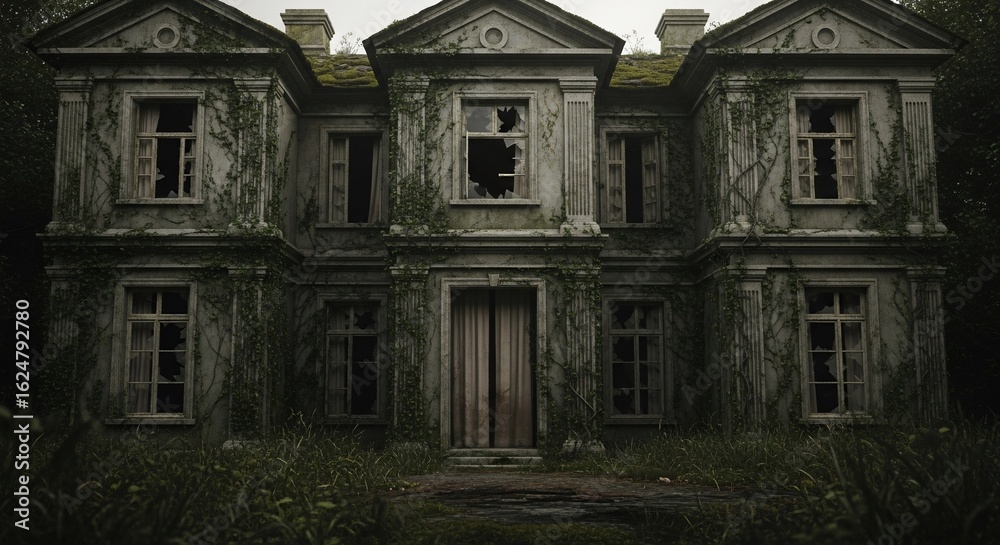 Fototapeta premium Creepy Abandoned Mansion in Woods, Covered in Vines and Moss, with Broken Windows
