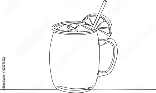 Single continuous line art of a summer cocktail drink with lemon