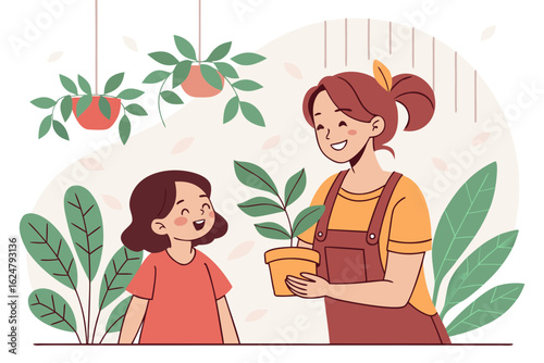 Mother and daughter smiling while holding potted plant in indoor garden room