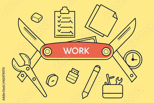 Multitool work concept with icons representing productivity and job skills