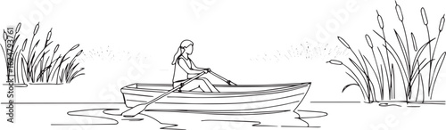 Minimalist illustration of a woman rowing a boat on a serene lak