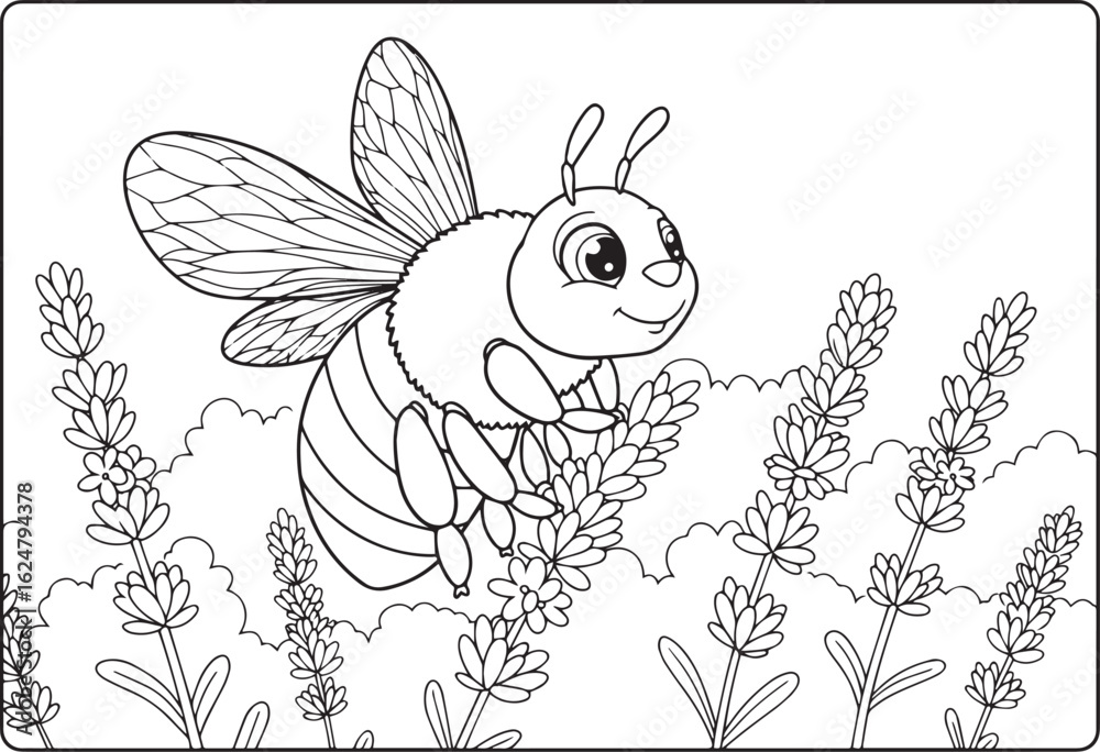Fototapeta premium Outline illustration of a cute cartoon bee flying near lavender