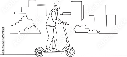 Man riding electric scooter through minimal city skyline in cont