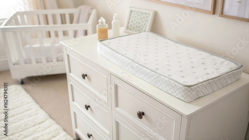 Modern nursery with changing table and crib in soft pastel colors  