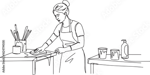 Continuous Line Art of Woman Cleaning a Messy Table After a Crea