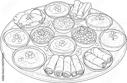 Detailed line art depicting a turkish meze platter with various