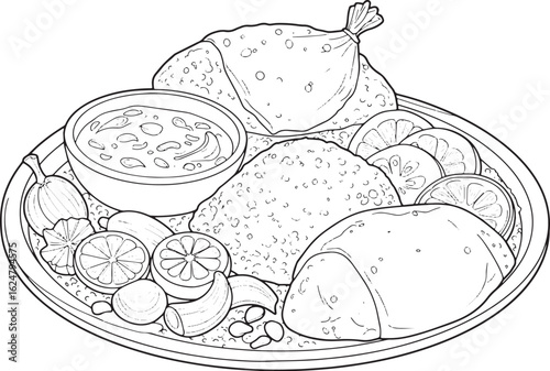 Monochrome Zigni Dish Illustration: Eritrean Cuisine in Detailed