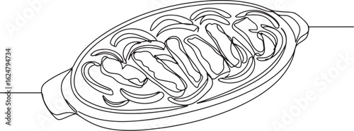 Continuous line drawing of sizzling fajitas with peppers, onions