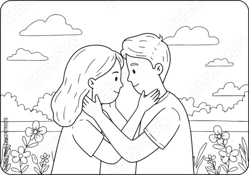 A couple embraces in a serene outdoor setting outlined for color