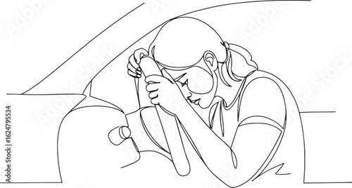 Continuous line drawing portraying a woman overwhelmed with grie