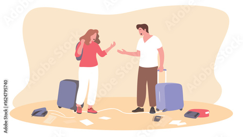 Couple arguing with luggage and scattered items suggesting travel stress and relationship difficulties seen