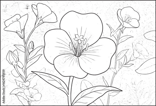 Detailed line art showcasing evening primrose blossoms in a bota