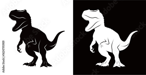 Silhouette of a Tyrannosaurus rex dinosaur isolated on a black and white background. Concept of a ferocious prehistoric animal. Predatory animal.