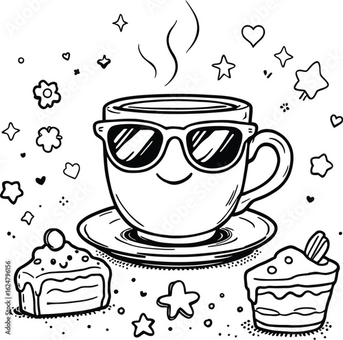 Cool Coffee Cup with Sunglasses Surrounded by Cakes, Stars, and Hearts  Playful Cartoon Vector for Café, Bakery, or Fun Decor
