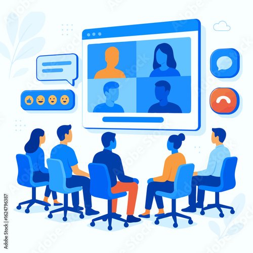 Flat Vector Style Group of People in a Virtual Meeting with Screen and Icons Illustration.