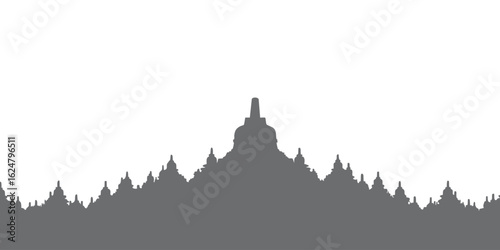Desain vector siluet Candi Borobudur berdiri anggun, bentuk arsitektur ikonik, cocok untuk dekorasi digital, flyer event budaya, latar wallpaper, dan konten visual bertema pariwisata Indonesia