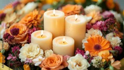 Four lit candle flames surrounded by vibrant orange, white, and pink floral bouquet create warm, romantic decoration perfect for peaceful relaxation and celebration ambiance with soft glowing flowers