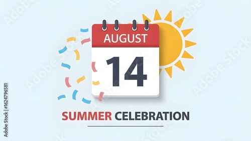 14 August Calendar with Summer Celebration Theme – Pakistan Independence Day 2025, Green and White Festive Design with Sunshine, Flags, and Fireworks