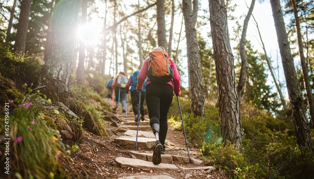 Obraz premium Hikers ascending a steep forested trail surrounded by sunlight-dappled greenery