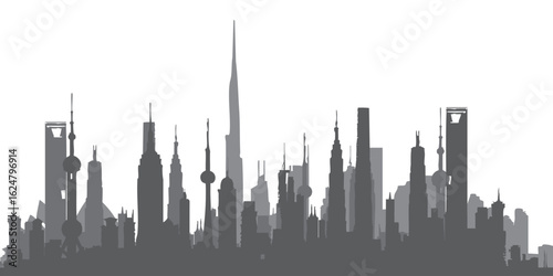Silhouette of tall skyscrapers on a white background. Suitable for city backgrounds, business and wallpapers such as flyers, posters, social media and banners.