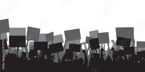 Background silhouette of a crowd of people jostling to hold up blank boards, demonstrating in a large crowd. Suitable for background demonstrations and news of riots.
