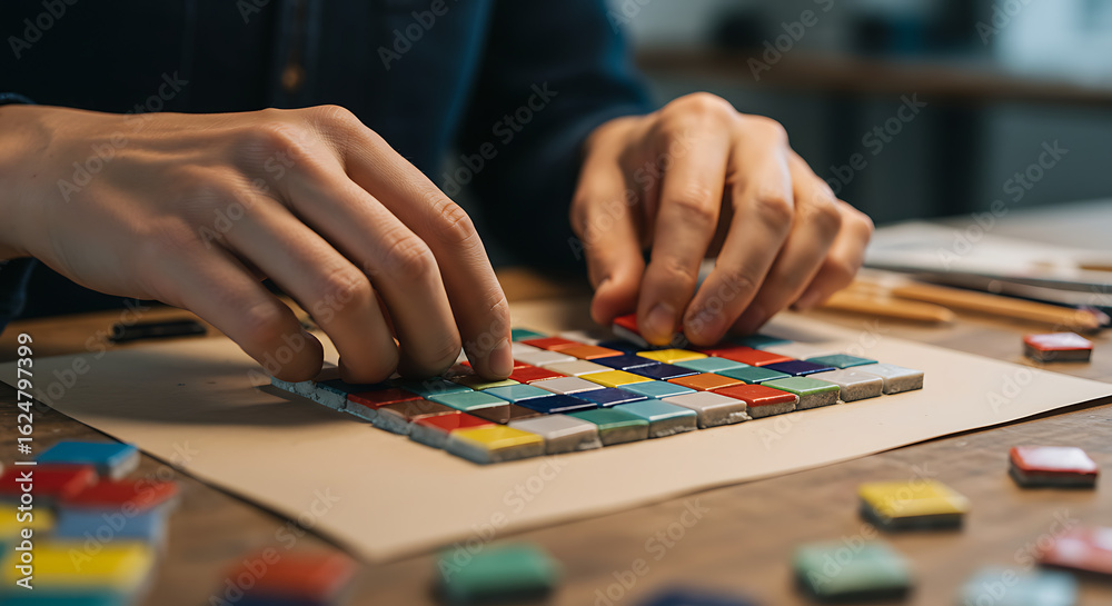 Fototapeta premium Crafting a Colorful Mosaic Hands Arranging Tiles.