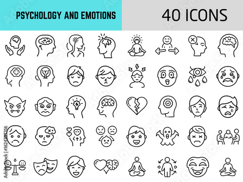 Set of 40 icons representing psychology and emotions in minimal style  