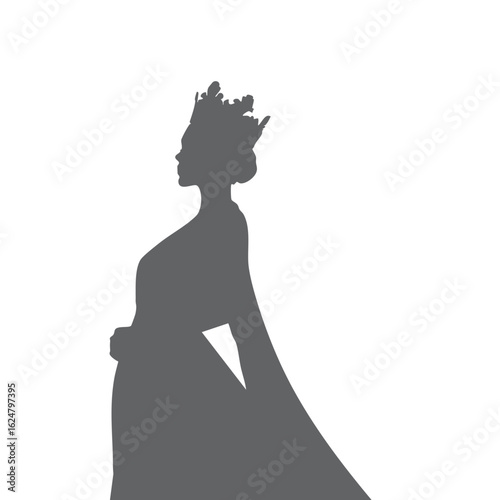 The silhouette of a queen wearing a crown gracefully is suitable for cosmetic, beauty, salon and women's care elements.