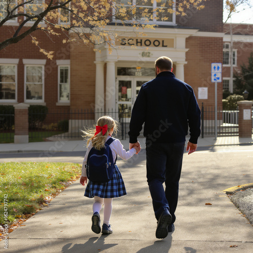 A father walks hand in hand with his young daughter as they head to school on her first day.