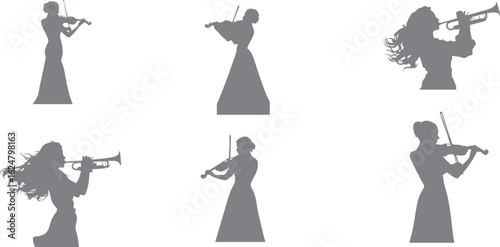 Silhouette of a girl wearing an elegant dress, standing professionally playing the violin. Suitable for music concert elements, banners, social media and books, flyers and concert ticket leaflets.