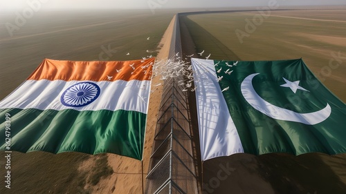 India and Pakistan Flags with Border Separation – Historical Partition, Wagah Border Concept, Patriotism and National Identity Illustration"

