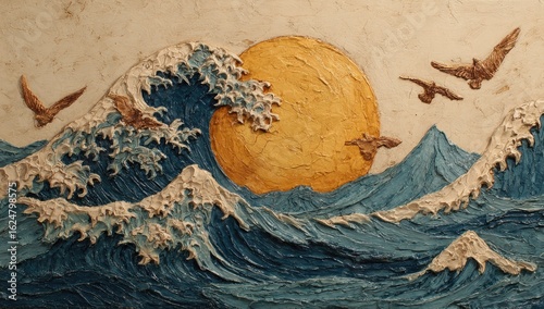 Textured waves and birds with a golden sun.