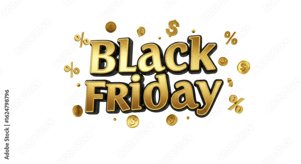 Fototapeta premium Golden Black Friday sale announcement with falling coins and percentage symbols