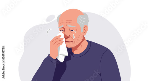 Sad elderly man wiping tears with tissue on white