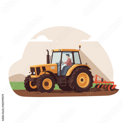  Farmer driving yellow tractor plowing field at sunset