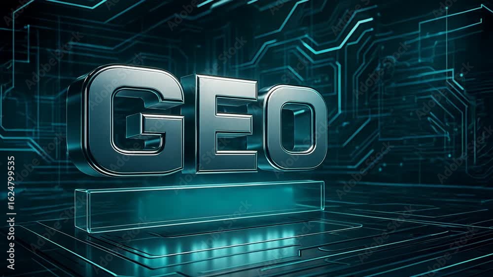 Bold 3d geo text on over glowing circuits and grid pattern in sleek dark scene, tech innovation, ai strategy, search intelligence