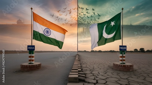 "India and Pakistan Border Separated by National Flags –  Concept with Tricolor and Crescent Flag Symbolism"