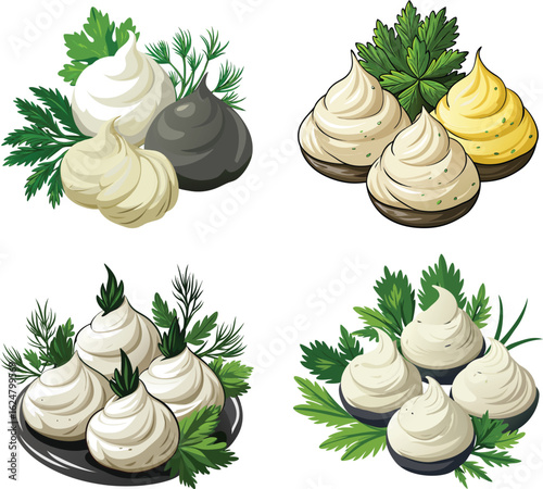 Assortment of dips and spreads with fresh herbs