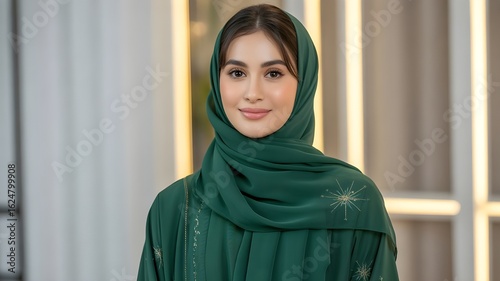"14 August Pakistan Independence Day – Muslim Woman Wearing Green Hijab with National Flag Theme, Patriotic Celebration Portrait"