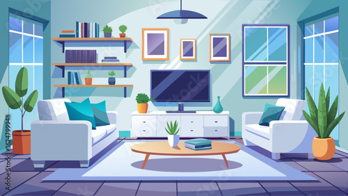 Modern white living room, comfy sofa, flat-screen TV, living room, white walls