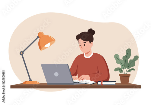 A focused person in a sweater works on a laptop at a desk, illuminated by a lamp next to a plant.