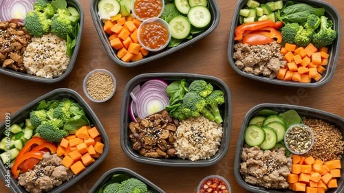 Healthy meal prep features colorful vegetables protein and grains in organized containers Ready to enjoy nutritious delicious lunches and dinners